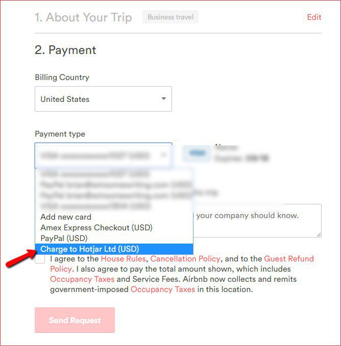 screenshot of Hotjar's team meeting payment option