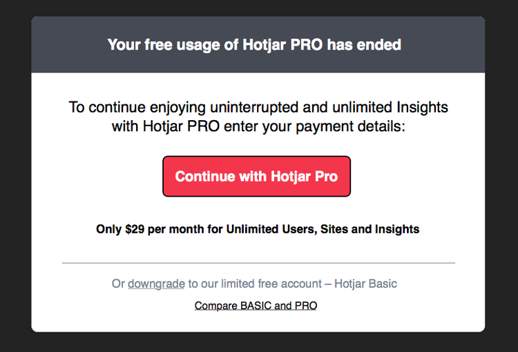 screenshot of hottjar's trial period end