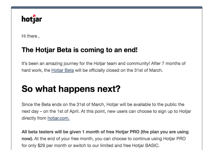 screenshot of a Hotjar email to customers
