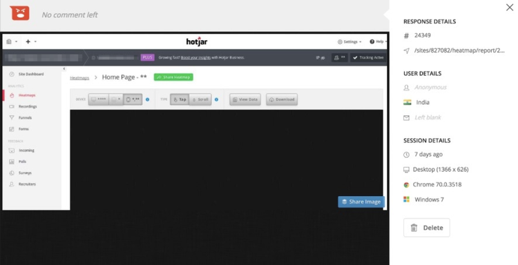 screenshot of Hotjar customer negative feedback screen