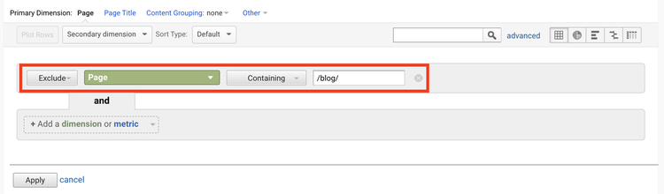 screenshot of an advanced search option in googlle analytics