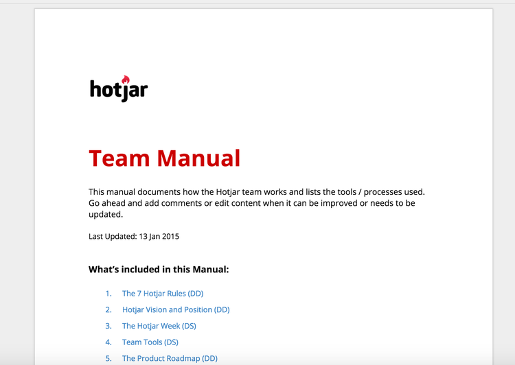screenshot of the Hotjar team manual