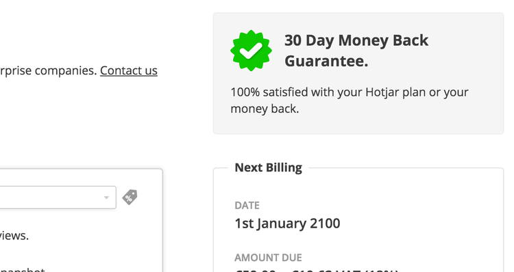 screenshot of a heatmap of a Hotjar pricing page