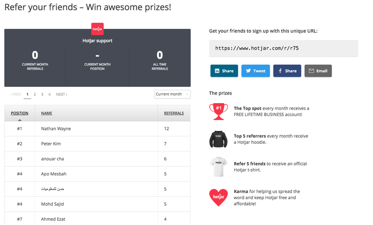 screenshot of Hotjar's referral program webpage