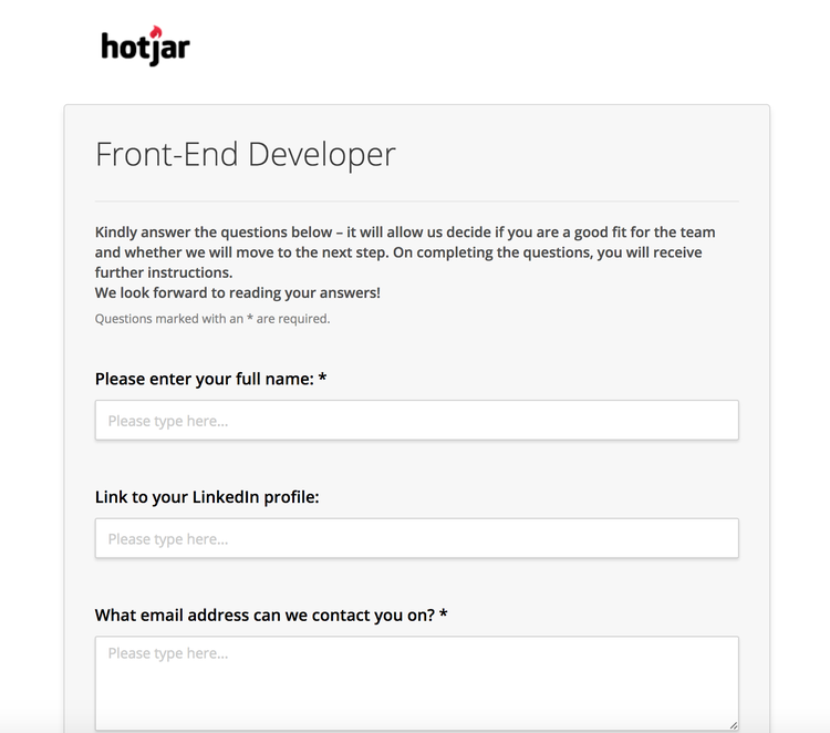 screenshot of a Hotjar form