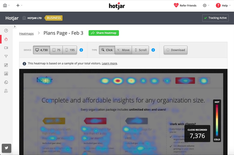 click heat map of hojars old pricing plan