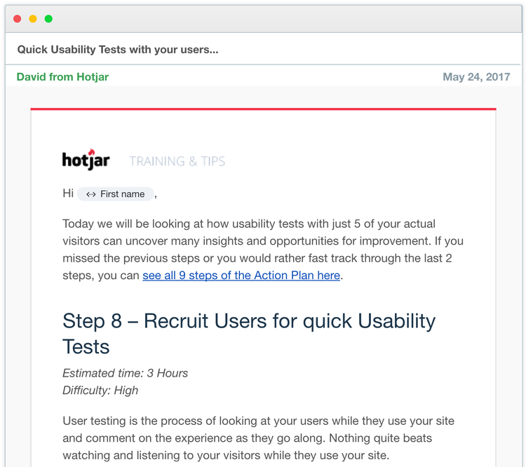 screenshot of Hotjar's action plan