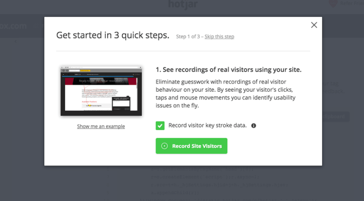screenshot of Hotjar's user onboarding