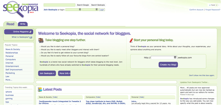 screenshot of seekopia's home page