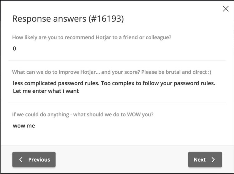 screenshot of a Hotjar customer response to an NPS survey