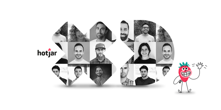 The letters "XD" made up of images of the experience design team, with a personified strawberry waving at you.