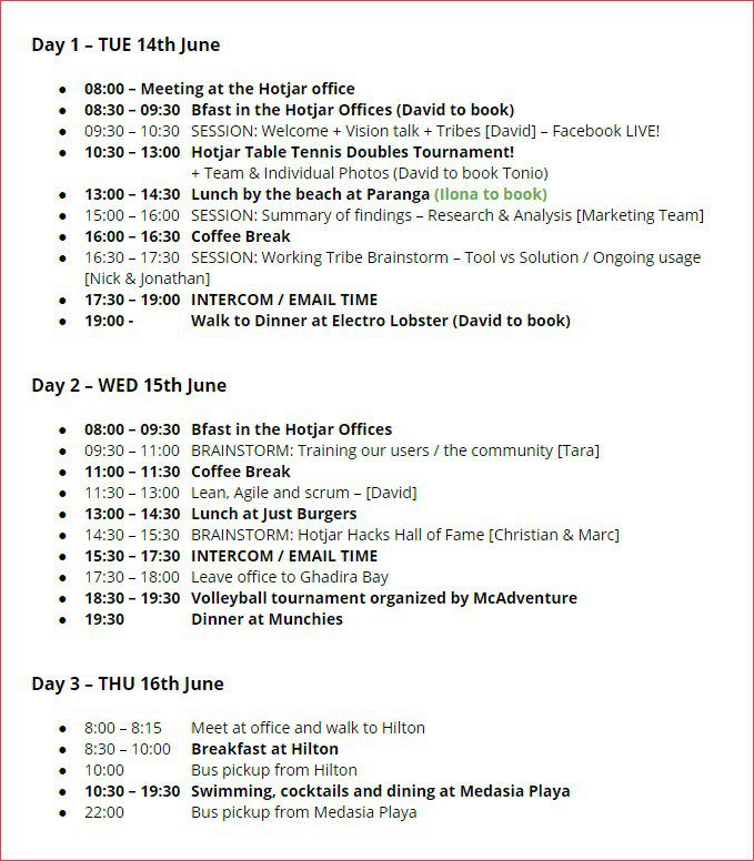 screenshot of Hotjar's team meeting schedule