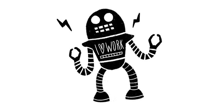 a robot that has "I love work" written on its chest