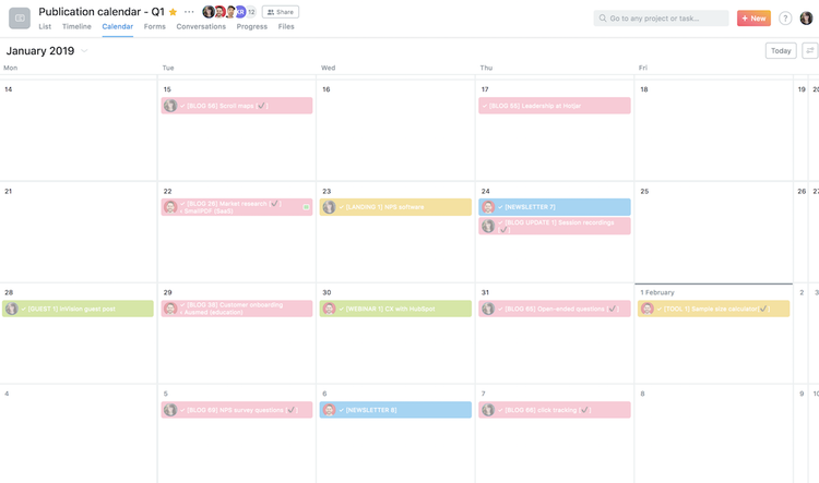 screenshot of a Hotjar Asana calendar