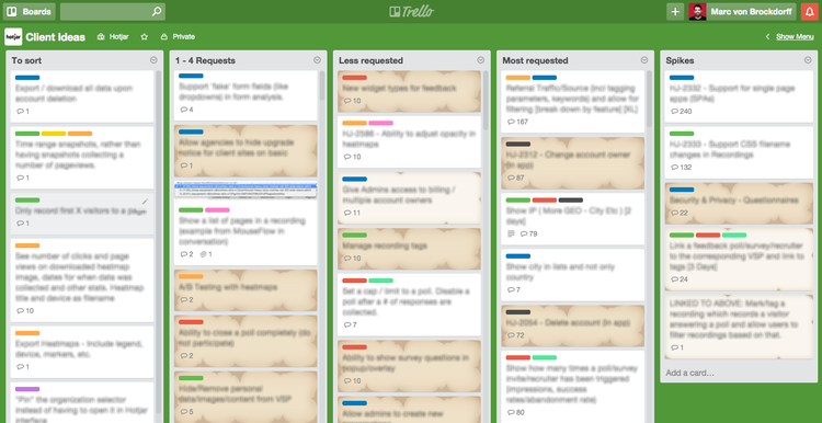 screenshot of a Hotjar trello board