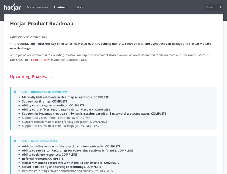 screenshot of Hotjar's roadmap