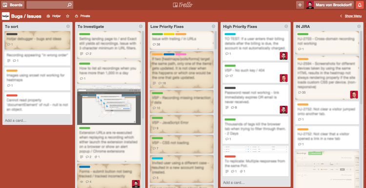 screenshot of a Hotjar trello board