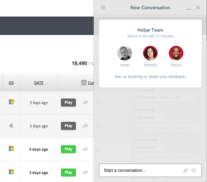 screenshot of Hotjar's intercom dashboard