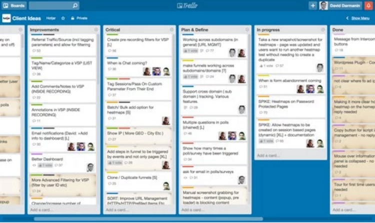 screenshot of a Hotjar trello board