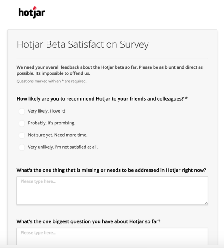 screenshot of Hotjar's beta program satisfaction survey