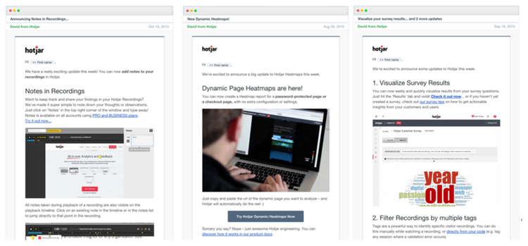 screenshots of Hotjar's email updates