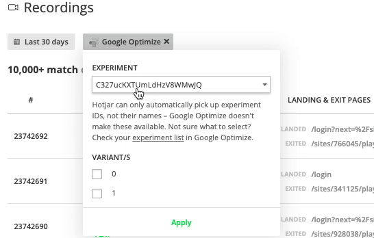 filter hotjar recording by google optimize id