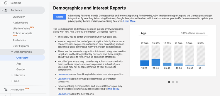 google analytics enable demographic interest reports