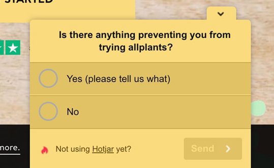 hotjar poll example on allplants website