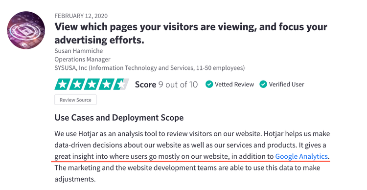 screenshot of a Hotjar customer review
