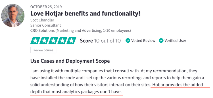 screenshot of a Hotjar customer review