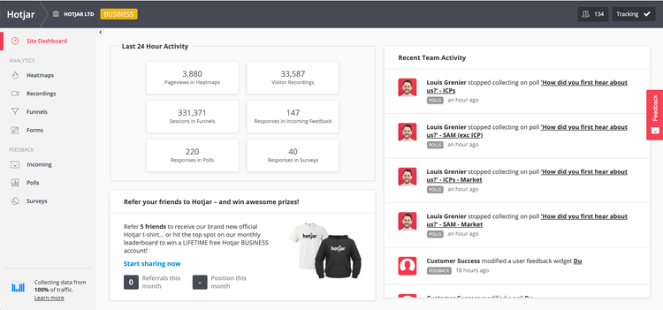 screenshot of hotjar's main dashboard