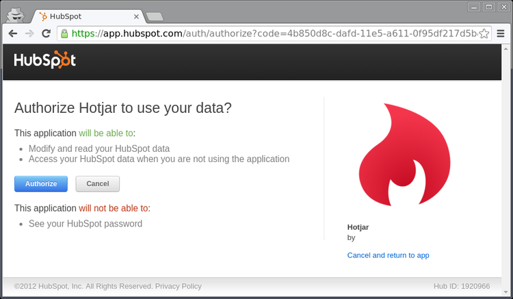 screenshot of Hotjar's data authorization page