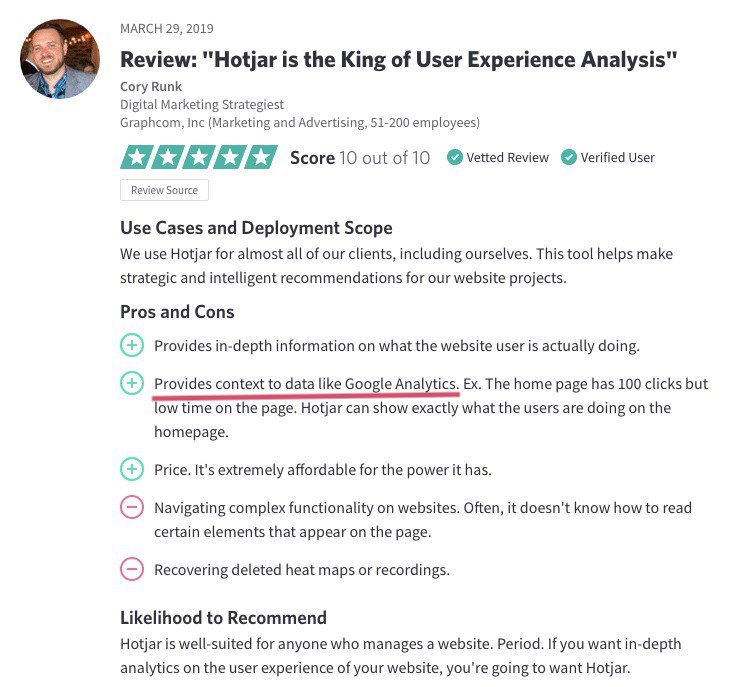 screenshot of a Hotjar customer review