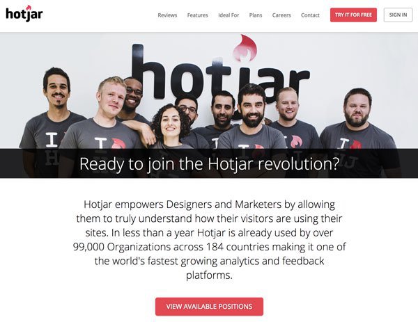 screenshot of Hotjar's 2015 career webpage