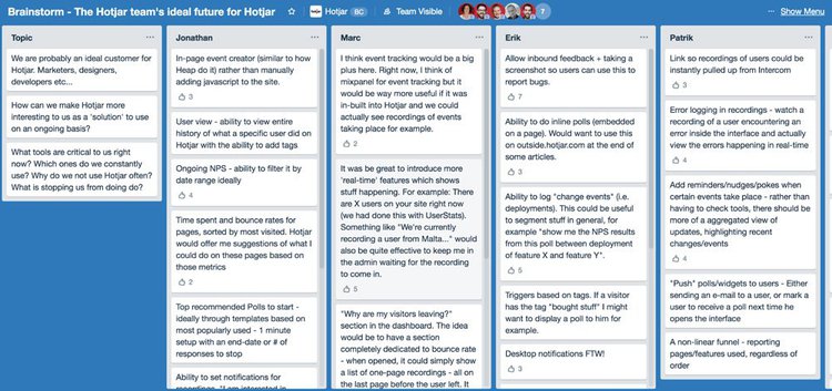screenshot of a Hotjar trello board