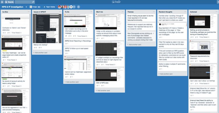 screenshot of a Hotjar trello board