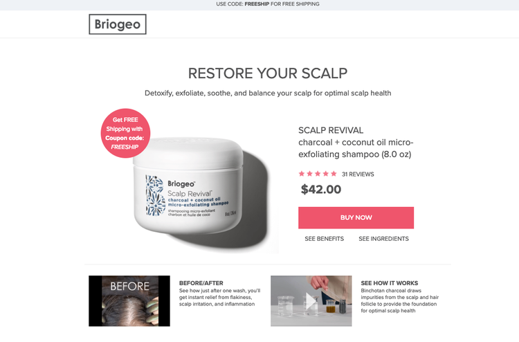 screenshot of Briogeo’s landing page with free shipping