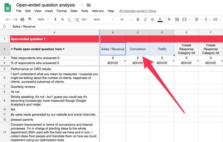 Use Hotjar's open-ended question analysis spreadsheet template to organize data from surveys