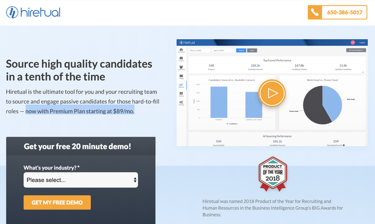 screenshot of Hiretual's landing page with pricing