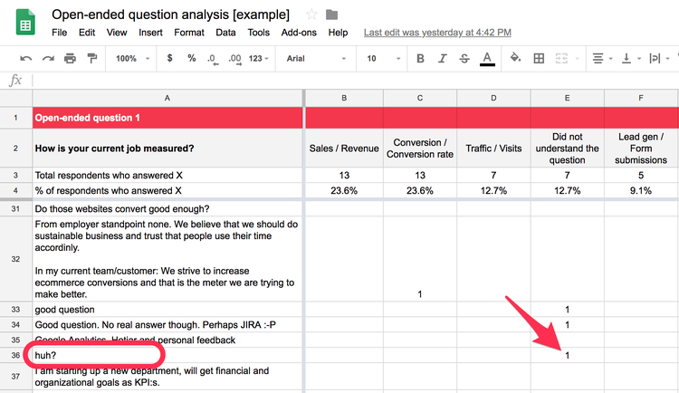 Use Hotjar's open-ended question analysis spreadsheet template to organize data from surveys