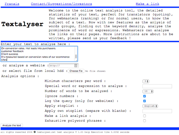 screenshot of Textalyser's home page