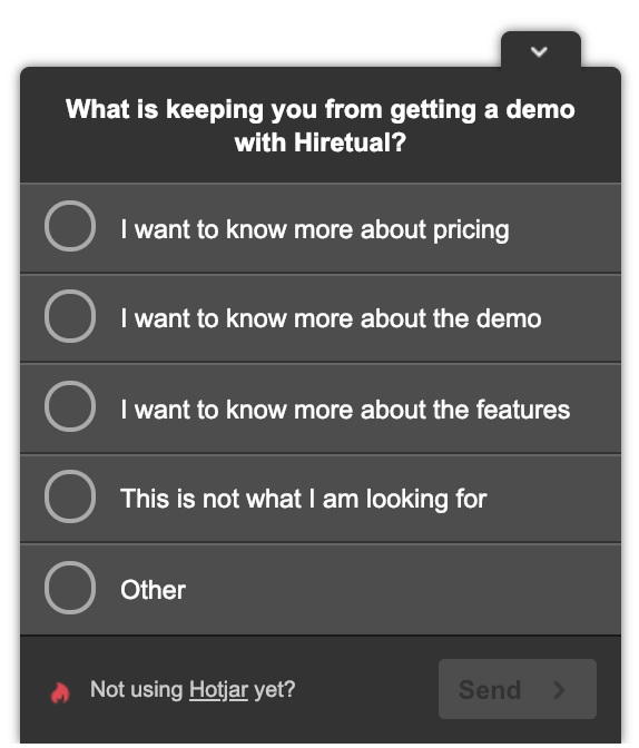 screenshot of Hiretual's on page poll questions