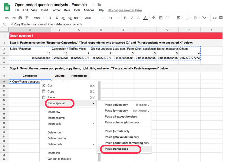 Create a chart from data in Hotjar's open-ended question analysis spreadsheet template