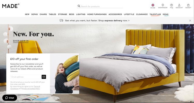 screenshot of made.com's homepage