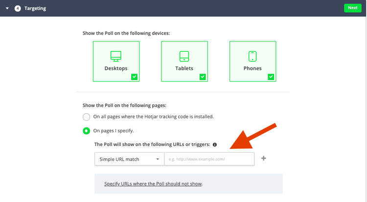screenshot of where to set the url for a hotjar poll