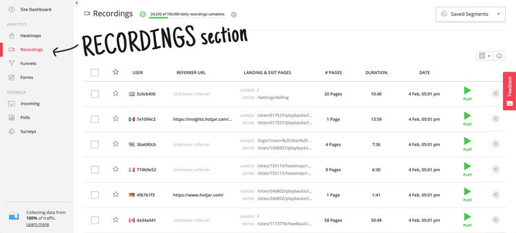 session recordings hotjar dashboard