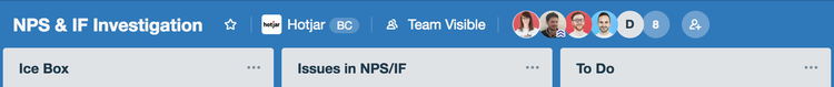 screenshot of a Hotjar trello board list titles