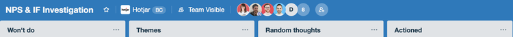 screenshot of a Hotjar trello board list titles
