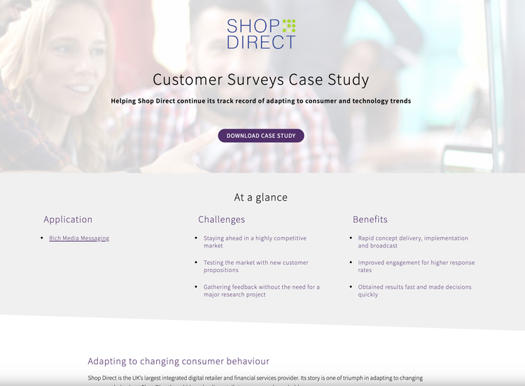 shop direct customer survey case study landing page
