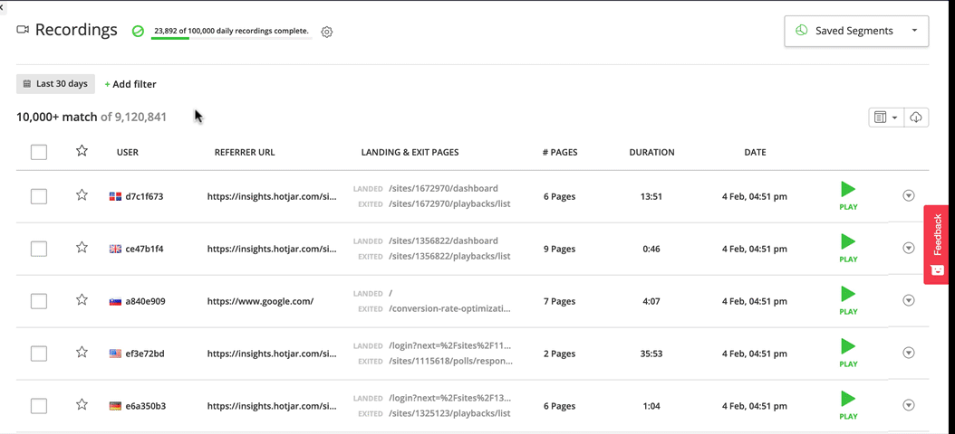 screenshot of a hotjar recordings dashbord